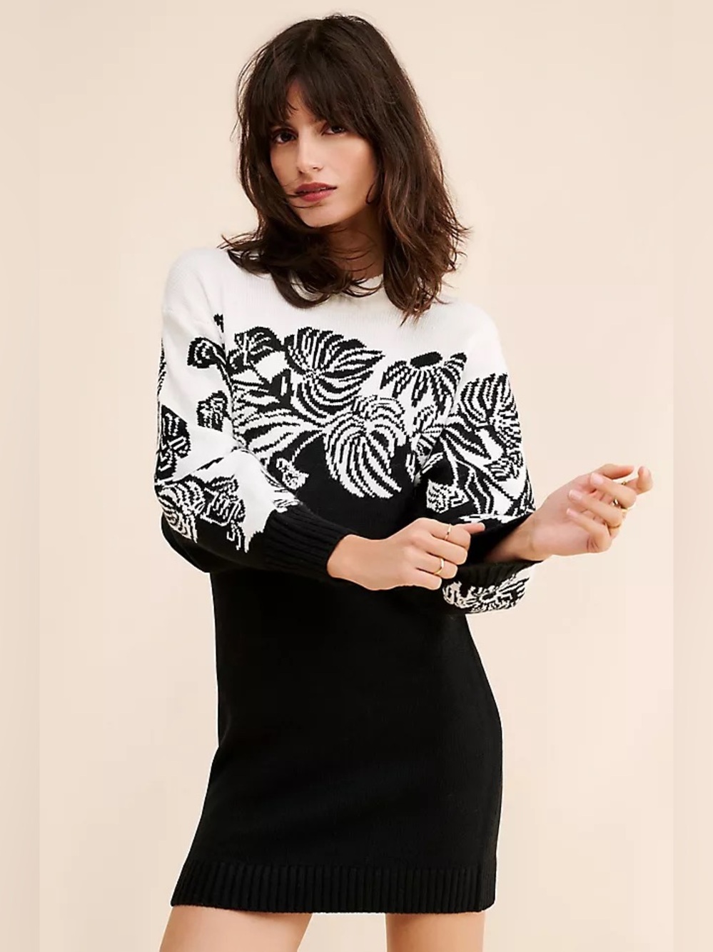 Medium farm Rio wool blend surrel garden knit sweater dress black white floral